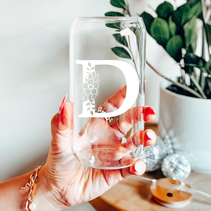 Personalized Gifts for Women, Monogrammed Glass Cups with Lids and Straws, Custom Tumbler, Cute Customized Mug, Aesthetic Stuff, Initial Iced Coffee Cup, Drinking Glasses, Birthday Teacher Gifts, G