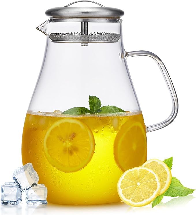 68OZ Glass Pitcher with Lid and Spout, Water Jug, 2000ML Carafe for Hot/Cold Water, Large Iced Tea Pitcher for Coffee, Juice and Homemade Beverage