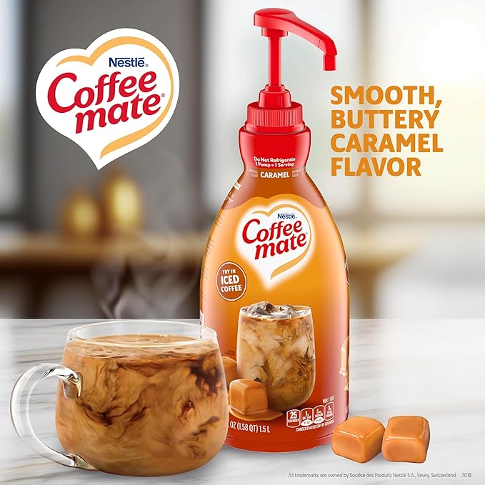 Nestle Coffee mate Coffee Creamer, Caramel, Liquid Concentrate Pump Bottle, Non Dairy, No Refrigeration, 50.7 fl oz (Pack of 6)