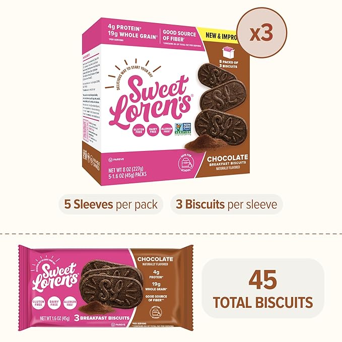 Sweet Loren's Vegan Breakfast Biscuits | Chocolate | 4g Protein, 19g Whole Grains | Plant Based, Gluten Free, Dairy Free, Nut Free Snacks | 3 Pack (15 Total Biscuits, 1.6 ounce each)