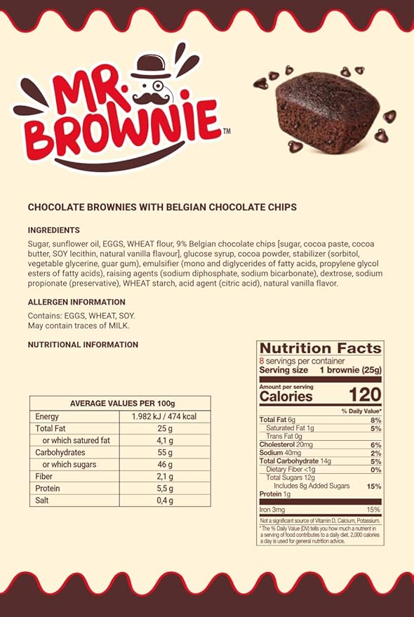 Mr. Brownie Chocolate Brownies | 8 Individually Wrapped Brownie Bites | Snack Packs for Kids & Adults | Real Belgian Chocolate | 2 Pack