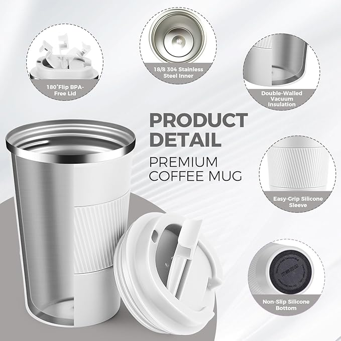 Volhoply 13 oz Stainless Steel Insulated Travel Coffee Mug with Fip Lid Bulk 4 Pack,Reusable Double Wall Vacuum Metal Coffee Cup,Portable Leak Proof Thermal Tumbler for Hot & Cold Drinks(White,4)