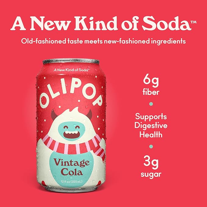 OLIPOP Prebiotic Soda Pop, Vintage Cola, Pantry Pack Packed with Prebiotics, Fiber, and Botanicals, Gluten Free, Vegan, GMO Free, 12oz (12-Cans)