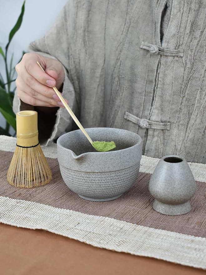 Matcha Tea Set – 4 Piece Traditional Japanese Matcha Kit with Pouring Spout Bowl, Whisk, Holder, Scoop & Guide – Ceramic Matcha Bowl for Authentic Tea Ceremony & Daily Ritual