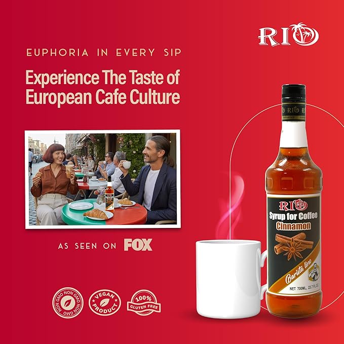 RIO Cinnamon Coffee Syrup, Perfect for Hot or Iced Drinks & Desserts, Warm & Inviting Flavor Sweetened with Pure Cane Sugar, Barista-Grade Flavor Syrups for Coffee Drinks at Home & Work - 700ml