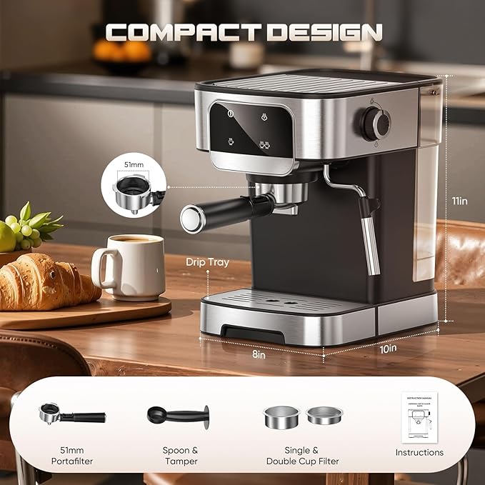 Espresso Machine 20 Bar, Professional Espresso Maker with Power Milk Frother，Compact Espresso Coffee Machine With LED Touch Screen for Home Latte, Cappuccino, 61OZ Removable Water Tank 2025