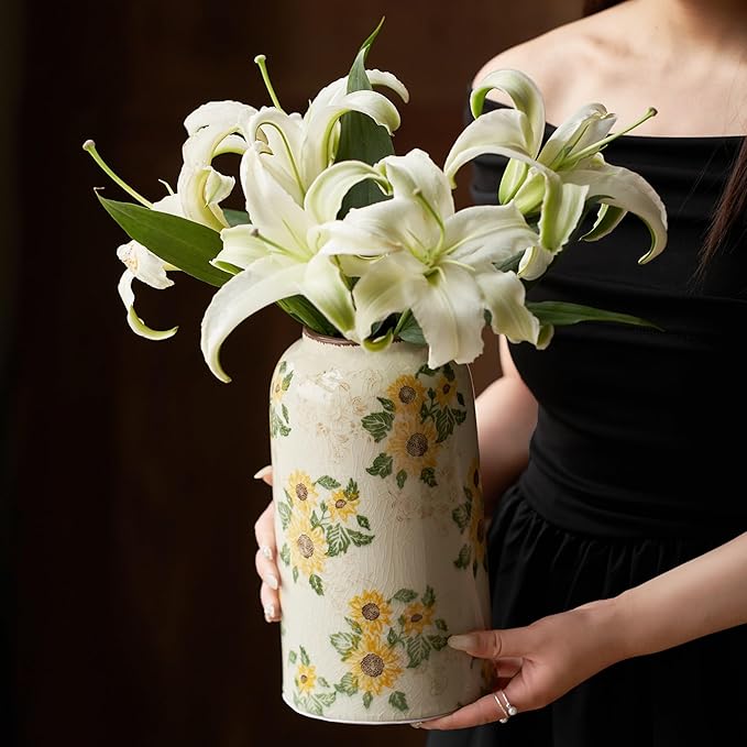 Vintage Ceramic Vase, 10.6 Inch Chinoiserie Sunflower Yellow Floral Vases, Retro Ice Cracked Rustic Antique Flower Vases for Modern Room Bathroom Shelf Home Decor (Large Cylinder)