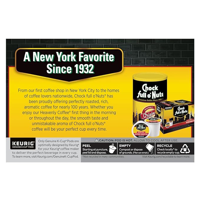 Chock Full o'Nuts Heavenly Hazelnut Coffee, Compatible with K-Cup Pods, 12 CT (Pack of 2)