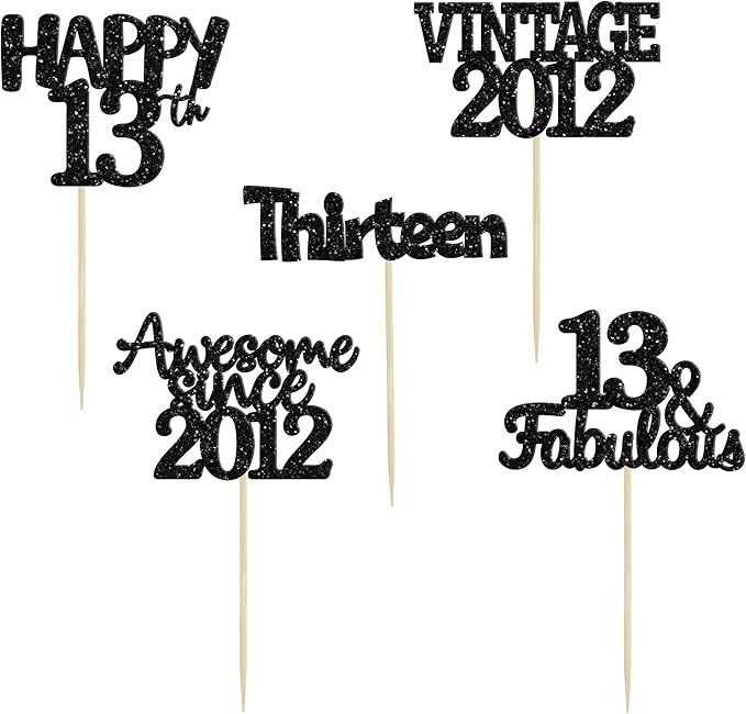 Gyufise 30Pcs Vintage 2012 Cupcake Toppers Glitter Thirteen Happy 13th Cupcake Picks Happy 13th Birthday Cake Decorations for Happy 13th Birthday Anniversary Party Supplies Black