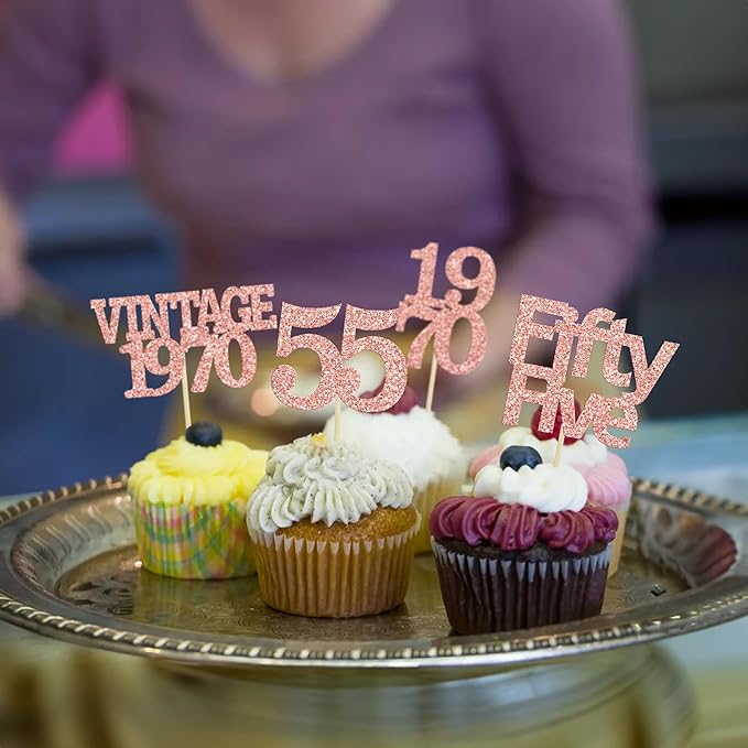 Gyufise 24Pcs 55th Birthday Cupcake Toppers Glitter Cheers to 55 Fabulous Fifty Five Vintage 1970 Cupcake Picks 55th Birthday Wedding Anniversary Party Cake Decorations Supplies Rose Gold