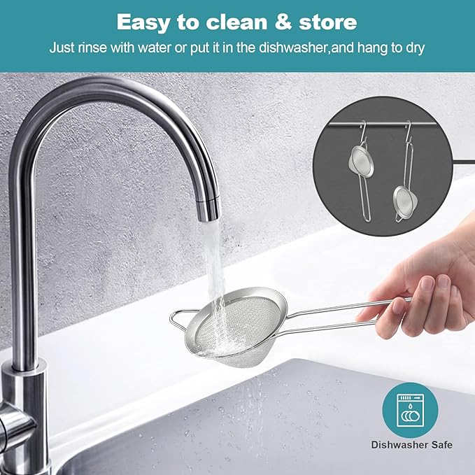 2 Pack Fine Mesh Strainer, Small Stainless Steel Sieves with Handles, for Steeping Loose Leaf Tea, Straining Cocktail, Juice and Sifting Flour, Powdered Sugar (2pcs-Conical)
