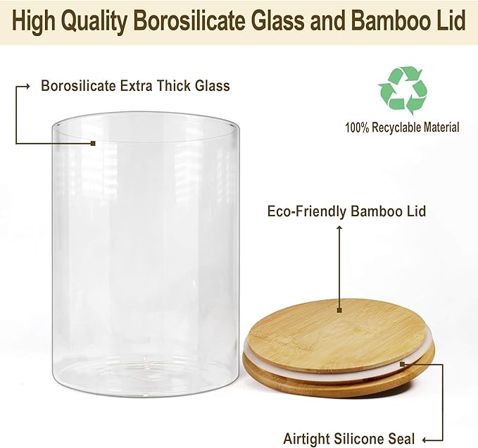 Glass Jars with Bamboo Lids, Glass Food Jars and Canisters Sets, Flour Jar, Large Food Canister with airtight lids, Flour Storage Container, Pantry Jars, 100oz