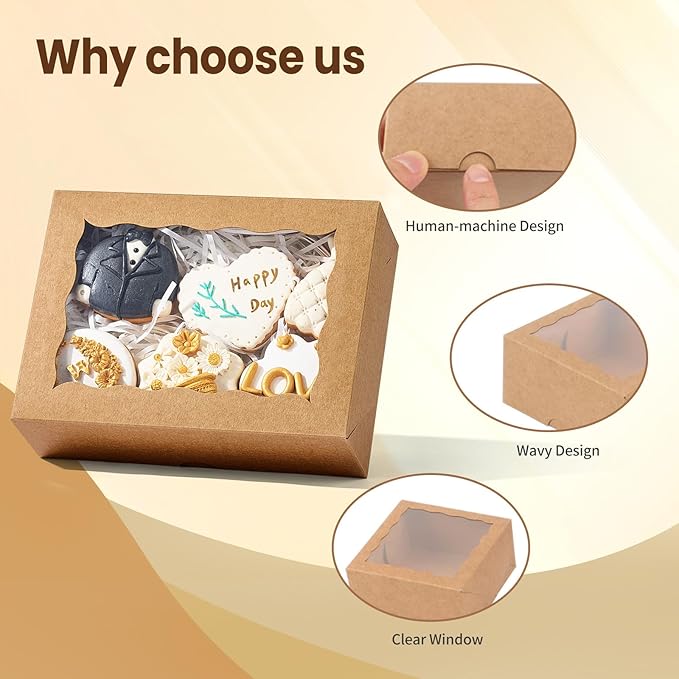 8x6x2.5 Inch 8PCS Baking Boxes with Window for Pastry,Treat,Macaron,Dount,Cookies,Chocolate Covered Strawberries,Brown Bakery Boxes Strawberry Boxes,Muffins