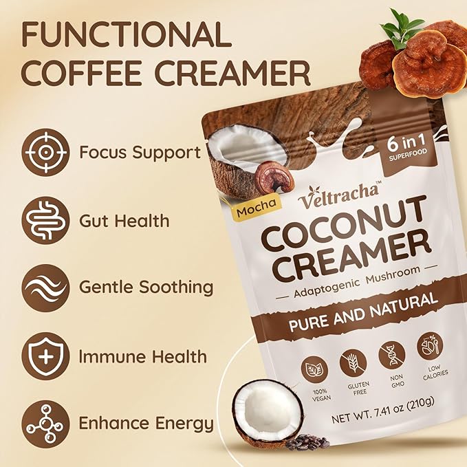 Veltracha Mushroom Coffee Creamer, Superfood Coconut Creamer Powder with 6 Adaptogenic Mushrooms - Reishi, Turkey Tail, Lions Mane, Non-Dairy Coconut Powdered Creamer for Energy & Focus & Digestion, 30 Servings, Mocha