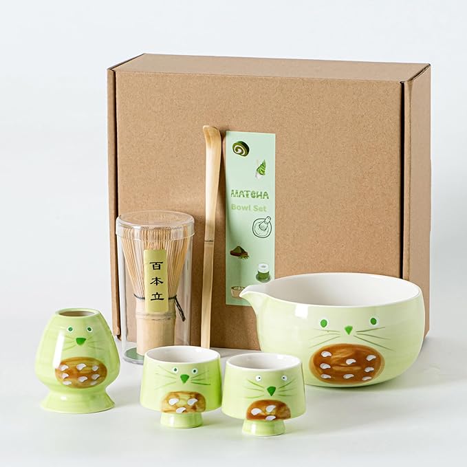 Green Matcha Set -Cute Cat Matcha Kit Includes Ceramic Bowl, Whisk and Holder, Bamboo Scoop - 6 Pcs Matcha Whisk Set for Matcha Lovers