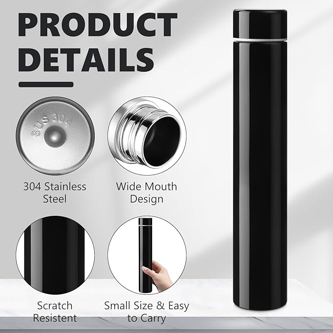 Vesici Slim Water Bottle 8.8 oz Small Stainless Steel Purse Compact Insulated Water Bottles Camping Travel Backpack Pocket Flask for Car Cold Coffee Tea(Black, Red,2 Pack)