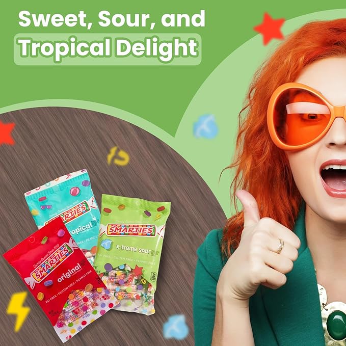 Smarties Candy Triple Variety Pack Rolls - Gluten Free Vegan Assorted Flavors, Tropical & X-Treme Sour Candy - Family Owned Company Since 1949 - Perfect Halloween Treat, Candy Bags - 5 oz (Pack of 3)