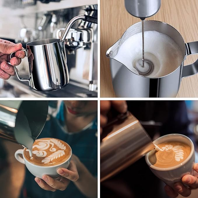 Milk Frothing Pitchers-12oz/350ML Stainless Steel Steaming Pitchers, Scale Coffee/Milk/Cappuccino/Latte Art Barista Steam Pitchers, Milk Jug Cup with Decorating Pen-Silver