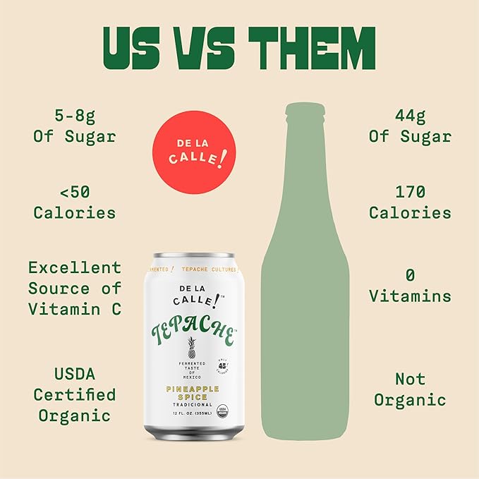 De La Calle Tepache - Pineapple Spice - Modern Mexican Soda - Craft Fermented Pineapple Sparkling Beverage - Certified Organic, Antioxidant Rich, Non-Alcoholic, Healthy Soda, Low Sugar, Low Calorie, Non-GMO