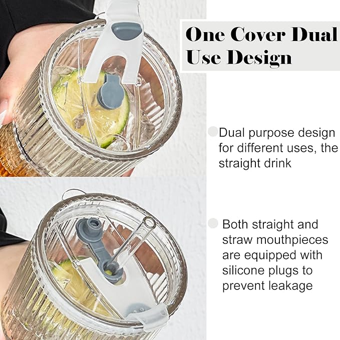 2 Pack Iced Coffee Cup with Lids, 20oz Clear Glass Tumbler with Straw & Lid, Ribbed Glassware Cups, Dishwasher Safe Drinking Glasses, Stylish Glass Cups for Coffee, Juice, Tea, Matcha