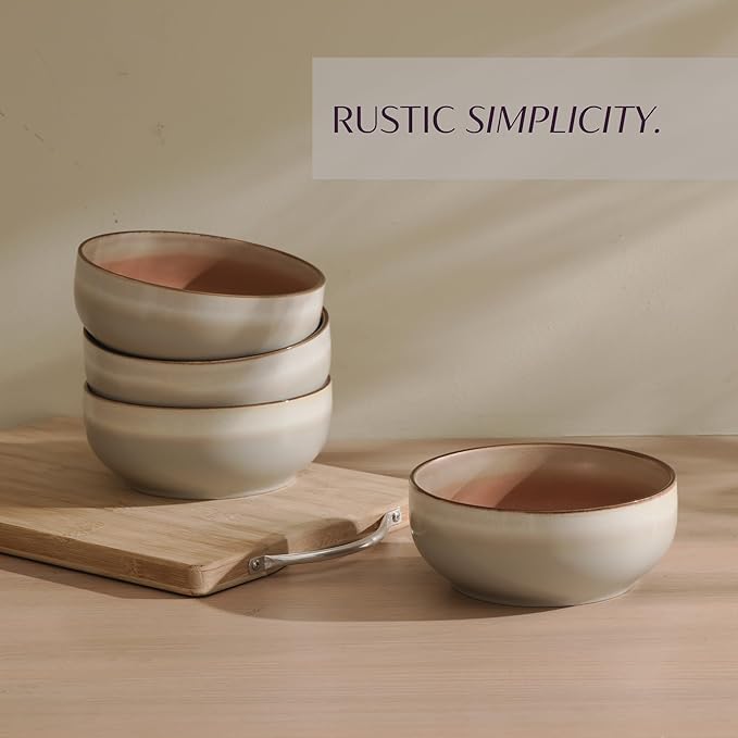 Ceramic Cereal Bowls Set of 4-21 oz Stoneware Bowls for Soup, Salad, Dessert or Ice Cream - Stackable, Dishwasher & Microwave Safe, Small Rustic Bowls for Kitchen -Terracotta/Reactive Glaze