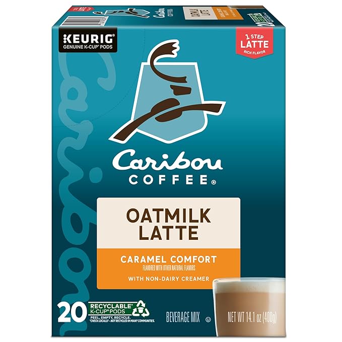 Caribou Coffee Caramel Comfort Oatmilk Latte, One Step Latte Single Serve Keurig K-Cup Pods, 20-Count Box