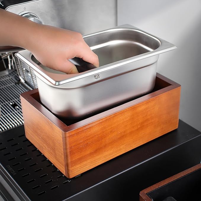 Knock Box Espresso, Coffee knockbox with Rubber Knock Bar and Anti-slip Pad, Commercial Use Large Capacity, Stainless Steel and Wooden, Espresso Accessory