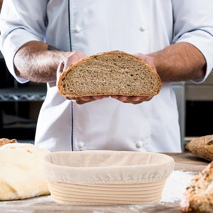 Joyyy Sourdough Bread Proofing Baskets with Liner, Dough Rising Ratten Bowl for Bread Making and Baking, Oval, 10 inch (Set of 2)
