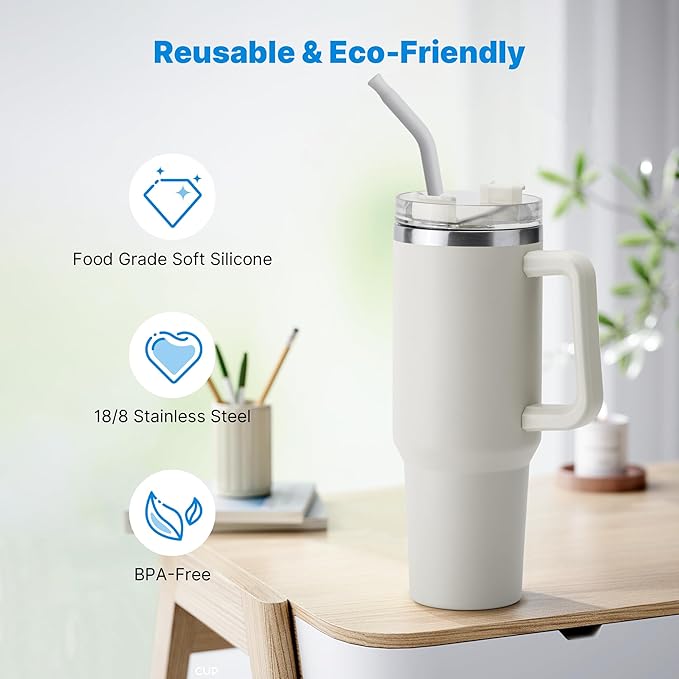 Metal Straw with Silicone Tip for 40oz Stanley Cup, 2 Pcs Stainless Steel Straws Replacement for Stanley 40 oz Adventure Quencher Travel Tumbler Cup, 1 Straw Brush (Cream Grey)