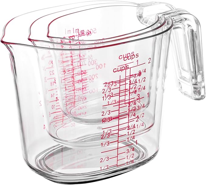 3PCS Nesting Liquid Measuring Cups Set, Measuring Jugs For Kitchen 1 Cup/250ml/8oz, 2 Cup/500ml/16oz,4 Cup/1000ml/32oz - BPA Free Plastic Set with Spout Multiple Measurement Scales (Clear)