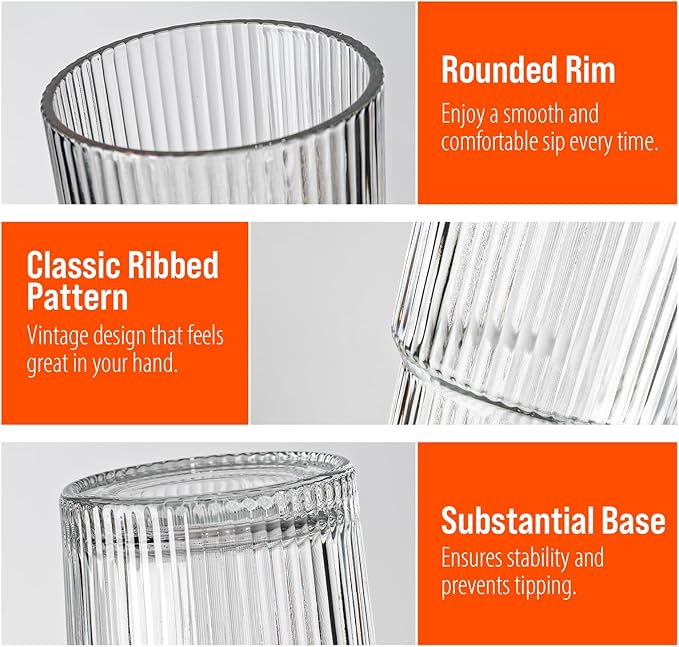 20oz Ribbed Glass Tumblers with Lids & Straws, Ideal for Iced Coffee, Cocktails & More - Includes Cleaning Brush