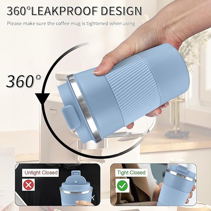 YINBAOGE Insulated Travel Coffee Mug Spill Proof Leak Proof Pobtable To Go Camping Stainless Steel Coffee Tumbler Reusable Coffee Cups with Lids Thermos for Hot and Cold Drink (Light blue, 12 OZ)