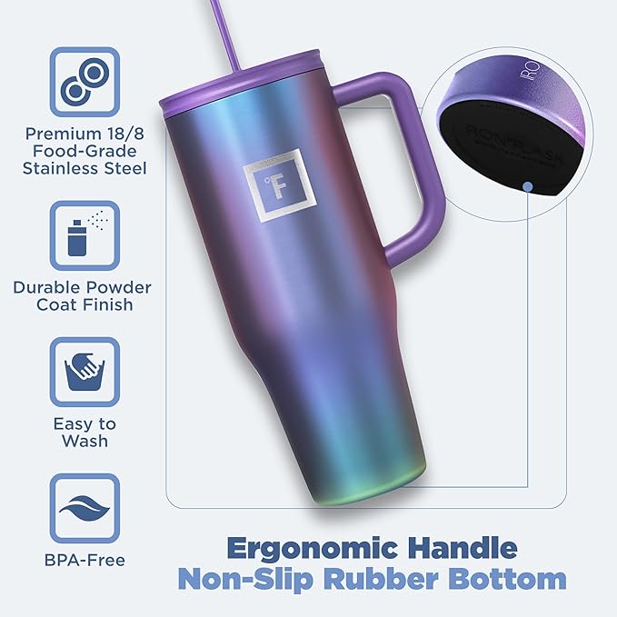 IRON °FLASK Co-Pilot Insulated Mug w/Straw & Flip Cap Lids - Cup Holder Bottle for Hot, Cold Drink - Leak-Proof - Water, Coffee Portable Travel Mug - Pink Tulip, 40 Oz