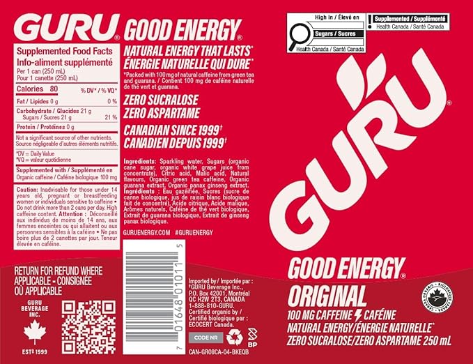 GURU Original Organic Energy Drinks, Clean Energy Drink with Plant Based Natural Caffeine from Green Tea, Gluten Free and Vegan, 100MG Caffeine, Healthy Drinks, 8.4oz (Pack of 24)