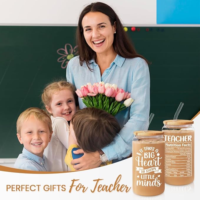 Teacher Gifts for Women - 16 Oz Can Glass Coffee Cup with Straws - Teacher Appreciation Gift for Women on Birthday Back To School