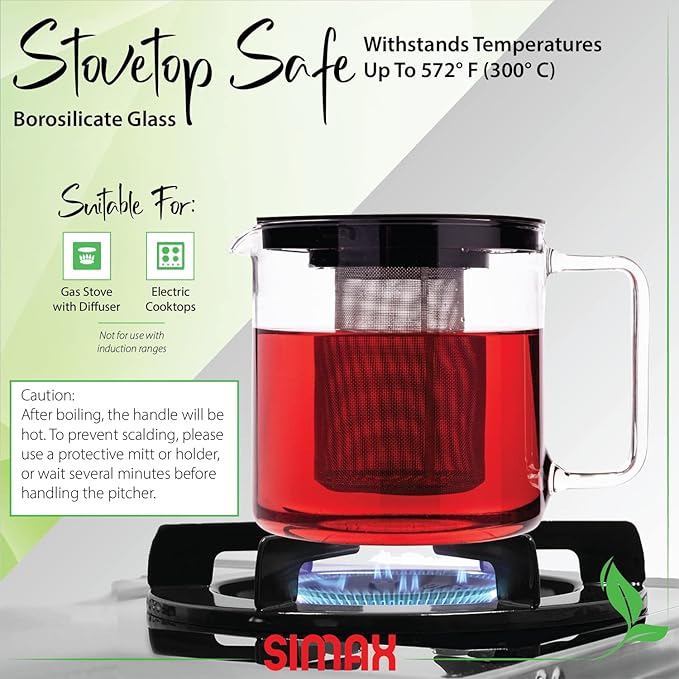 Simax Glassware 1 Quart Teapot with Metal Mesh Infuser | Plastic Lid, Microwave and Stovetop Safe, Heat, Cold, and Thermal Shock Resistant Borosilicate Glass, Makes a Stunning Presentation