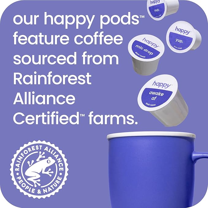 happy coffee dark roast coffee pods, 60 count, notes of cocoa & contentment, compatible with most K-cup brewers, rainforest alliance certified
