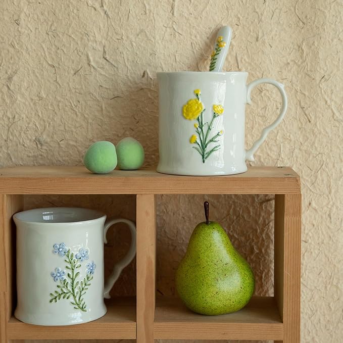 2 Pack Floral Ceramic Coffee Mugs - Yellow and Blue Flowers, Hand-Painted, Microwave & Dishwasher Safe, Ideal for Cappuccino, Tea, Hot Chocolate