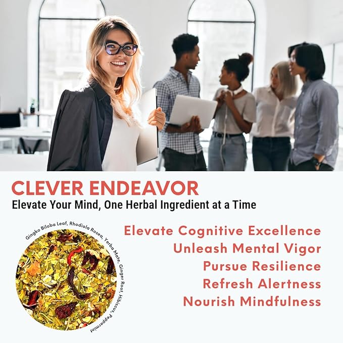 Pure And Easy Tea, Clever Endeavor, Natural Focus & Mental Clarity Tea, Caffeinated Loose Leaf Blend with Ginkgo Biloba & Yerba Mate, 30-Day Supply, 100g