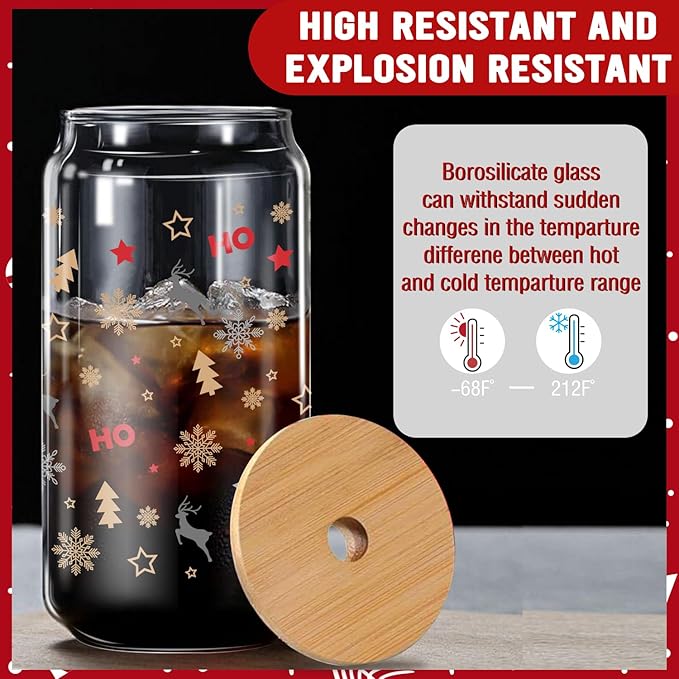 Christmas Reindeer Glass, 16 Oz Winter Iced Coffee Glass with Straw and Lid, Reindeer Themed Perfect for Christmas and Holiday Celebration Decorations (One)