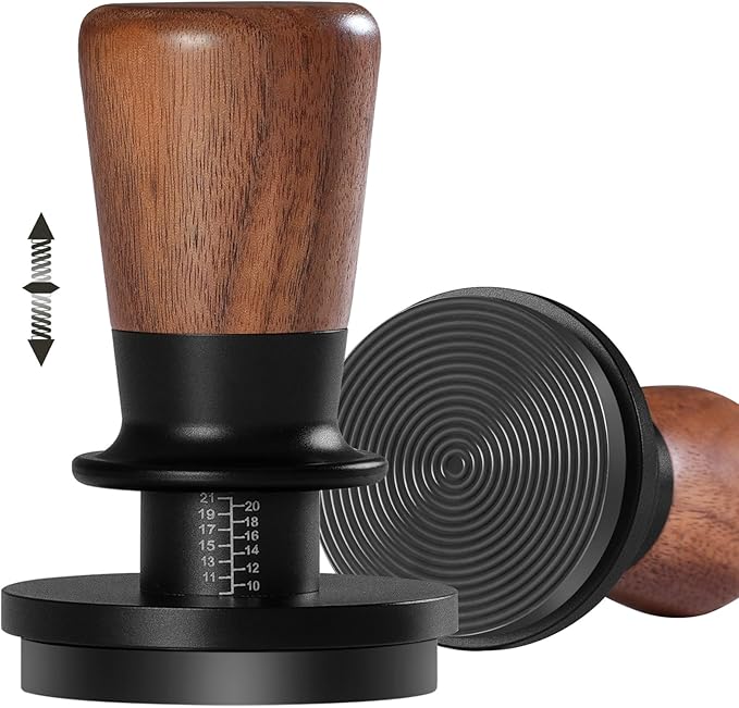PUSEE 53.3mm Espresso Tamper,Calibrated Tamper with 30lbs Double Spring Loaded Tamper Walnut Wood Coffee Tamper for Barista Home,Titanium PVD Coating Base Tamper Espresso Tool Fits 54mm Portafilters