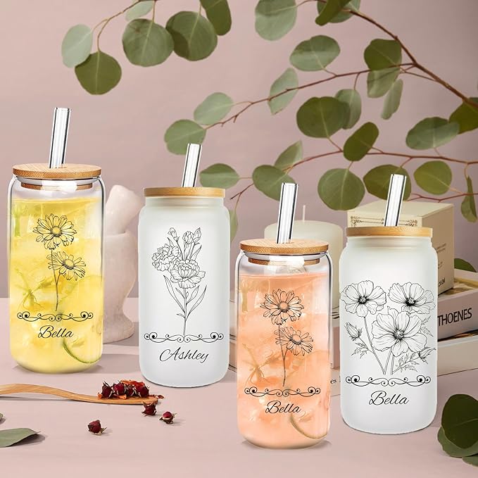 Mason Life Personalized Glass Cup with Name-Can Shaped Glass with Lids and Straws-18OZ Iced Coffee Cups (Birthflower)