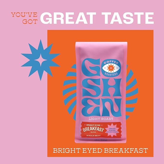 Goshen Coffee Roasters Whole Bean Bright Eyed Breakfast Blend | Light Roast, Brewed or Espresso | Award-Winning - Natural and Washed | Vibrant, Almond, Brown Sugar Flavors | 12 Oz Bag