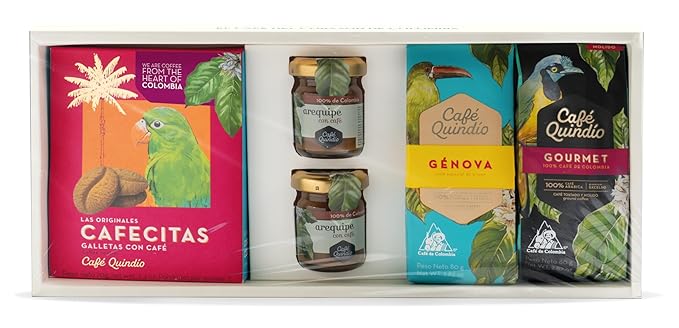 Cafe Quindio Barranquero Gift Set - The Best Assortment of Coffee Products - 1 Gourmet Ground Coffee + 1 Genova Ground Coffee + 2 Milk Caramels + 1 Cafecitas Cookies