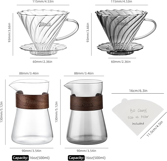 Pour Over Coffee Maker Set, Drip Coffee Maker, Included Borosilicate Glass Coffee Carafe & Coffee Dripper & 50 Pcs Size 02 Paper Filter, 16oz(500ml) (Clear Set)