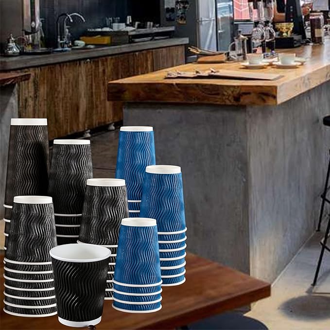 Lamosi 16 oz Coffee Cups - 90 Pack, Disposable Insulated Corrugated Paper Cups 16oz, Kraft Ripple Wall Cups for Hot Beverage or Cold Drinks (Navy)