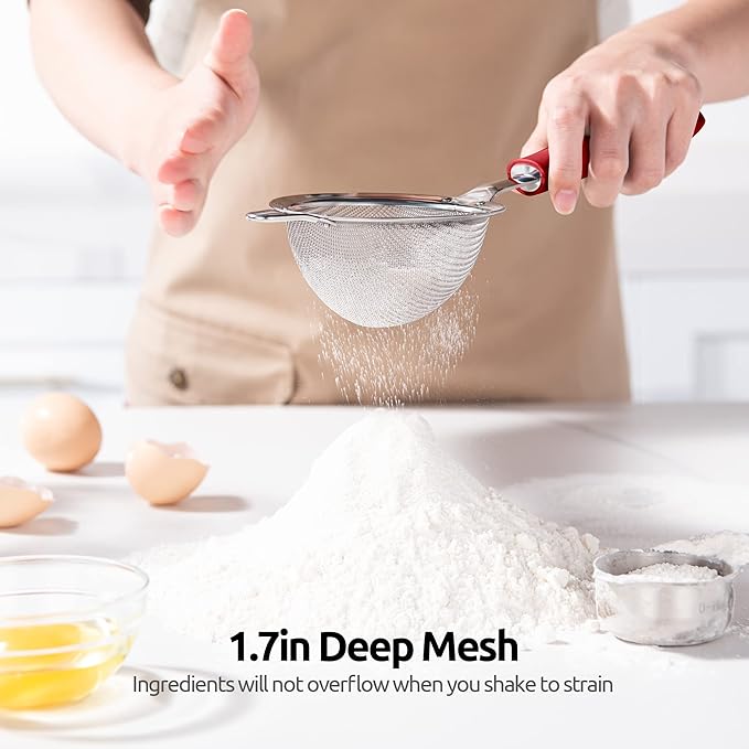 18/8 Stainless Steel Mesh Strainer: U-Taste 3.9 Inch Kitchen Fine Mesh Sieve Food Colander with Riveted Sturdy Silicone Handle and 30 Mesh Hole for Straining Flour, Quinoa, Tea, Juice (Red)