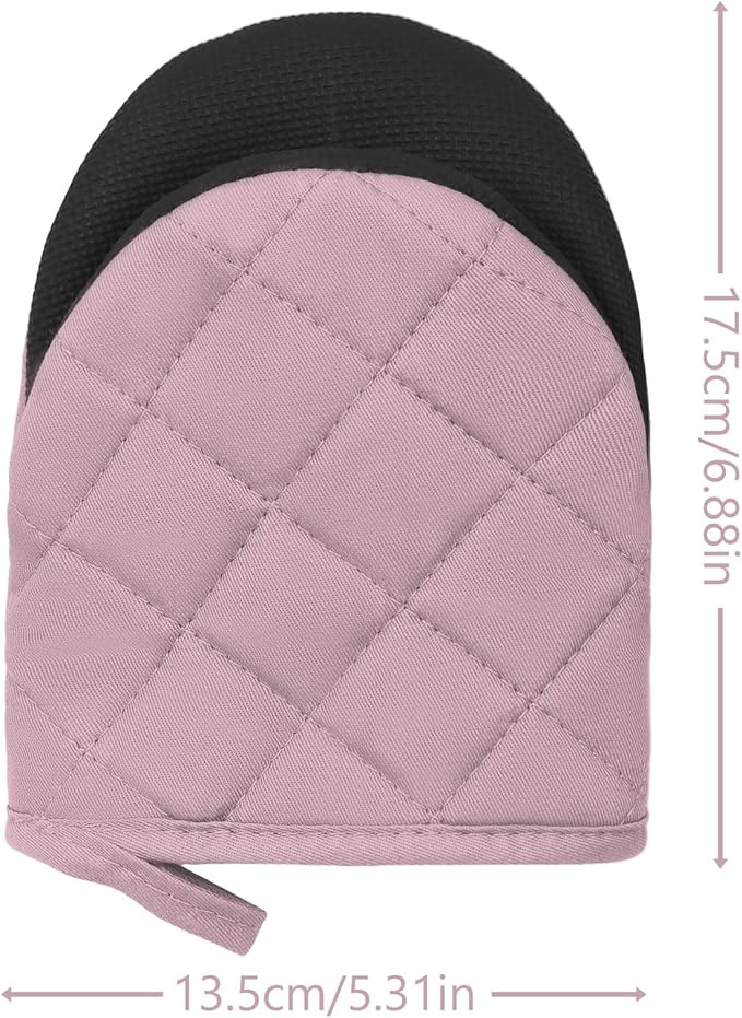 1 Pair Short Oven Mitts, Heat Resistant Silicone Kitchen Mini Oven Mitts for 500 Degrees, Non-Slip Grip Surfaces and Hanging Loop Gloves, Baking Grilling Barbecue Microwave Machine Washable