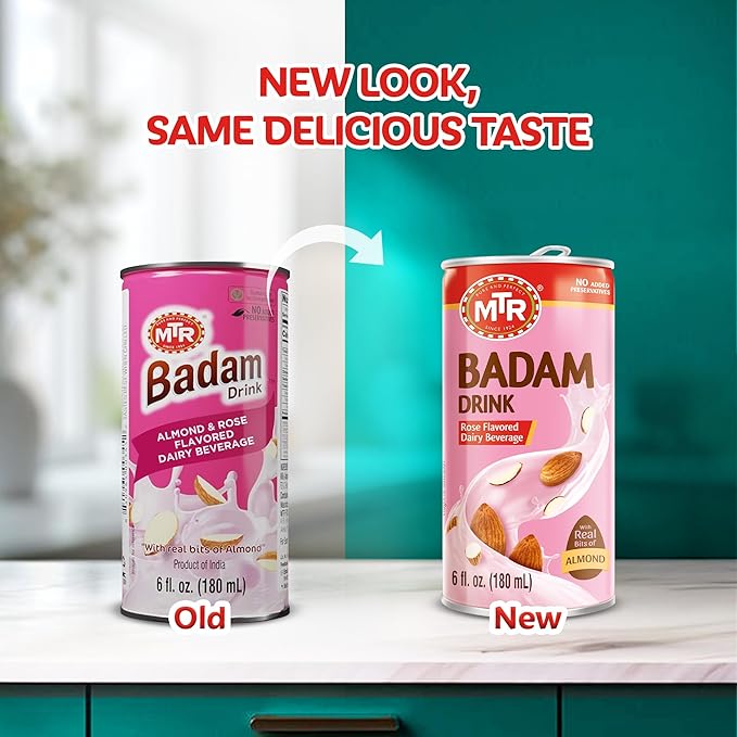 MTR Badam Drink - Rose Flavored, Ready-to-Drink - Authentic Indian Almond Milk Beverage, Real Bits of Almond, No Added Preservatives, Gluten-Free, Refreshing Drink, Perfect for Anytime Refreshment, Pack of 6