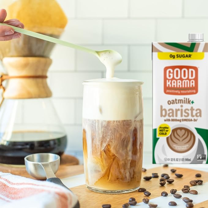 Good Karma Unsweetened Oatmilk + Barista Blend, 32 Ounce (Pack of 6), 800mg Omega -3s, Plant-Based Non-Dairy Milk Creamer Alternative with Oats, Flax and Peas, Lactose Free, Vegan, Shelf Stable